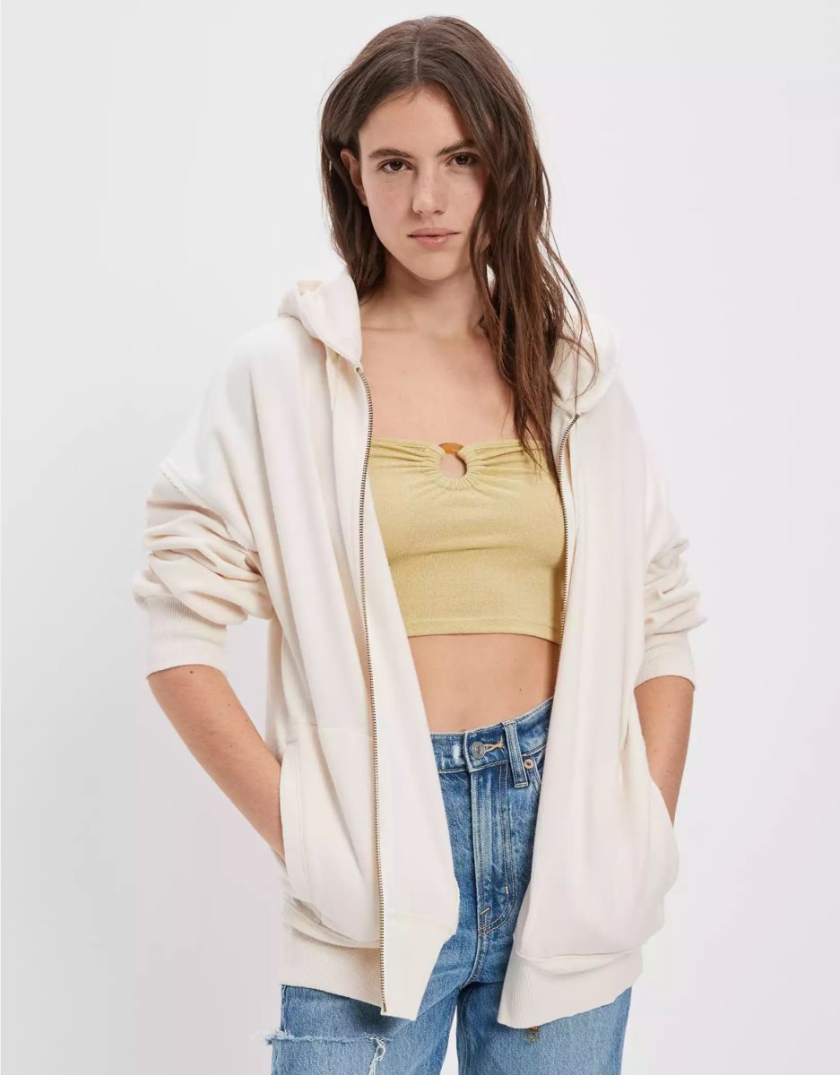 Sweat à Capuche American Eagle AE Oversized Zip-Up Blanche Femme | TQC-87905321